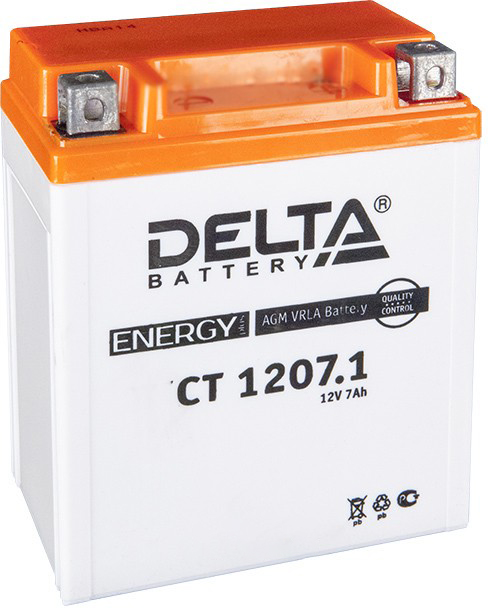 Батарея аккумуляторная DELTA battery CT12071 мото AGM 7А/ч 100А 12V Обратная полярн. болтовые мото клеммы